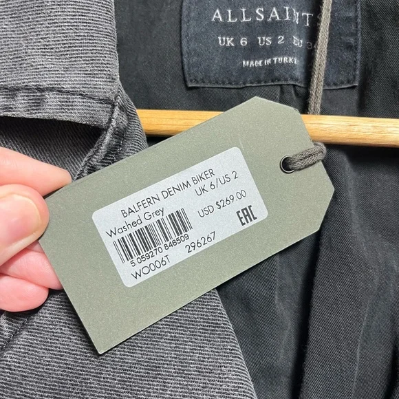 NEW NWT All Saints Balfern Denim Biker Jacket in Washed grey size 2 women’s - Picture 7 of 14